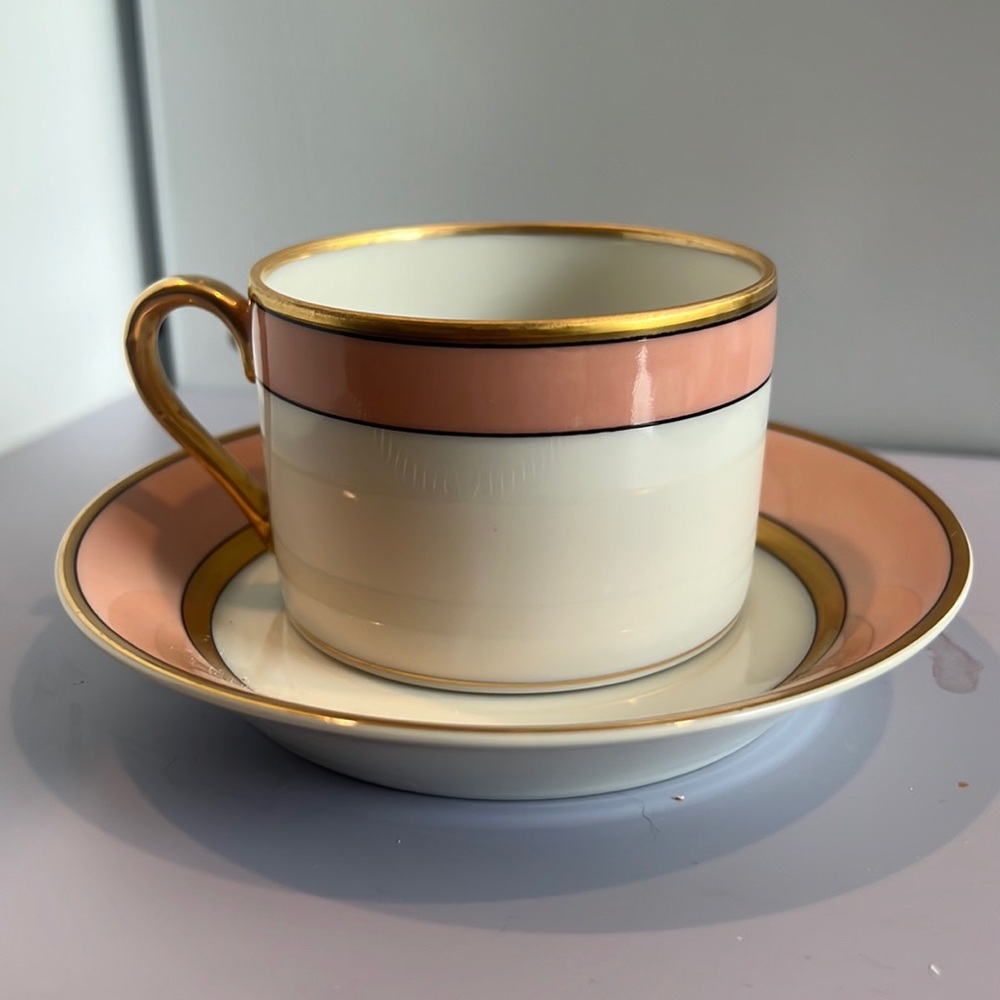 Renaissance -Peach (Wide Gold Verge line) by Fitz & Floyd. Flat Cup & Saucer Set
